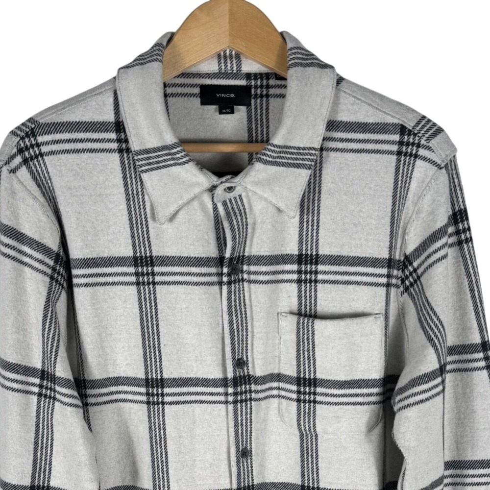 Vince Grid Plaid Knit Shirt Jacket Mens XL Gray Black Long Sleeve 2024FA3
